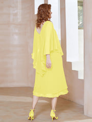 Robe Fourreau en Mousseline à Col en V Longueur de Mollet Citron
