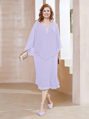 Robe Fourreau en Mousseline à Col en V Longueur de Mollet Lilas