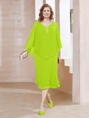 Robe Fourreau en Mousseline à Col en V Longueur de Mollet Vert Citron