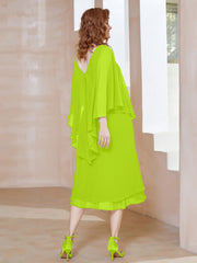 Robe Fourreau en Mousseline à Col en v Longueur de Mollet Vert Citron Grande Taille