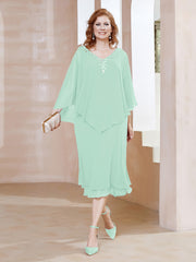 Robe Fourreau en Mousseline à Col en v Longueur de Mollet Vert Menthe Grande Taille