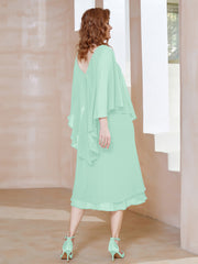 Robe Fourreau en Mousseline à Col en v Longueur de Mollet Vert Menthe Grande Taille