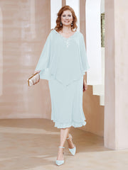 Robe Fourreau en Mousseline à Col en v Longueur de Mollet Brume Grande Taille