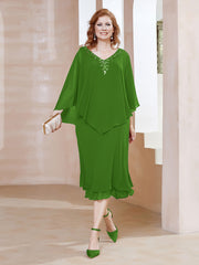 Robe Fourreau en Mousseline à Col en v Longueur de Mollet Mousse Grande Taille