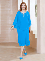 Robe Fourreau en Mousseline à Col en V Longueur de Mollet Bleu Océan