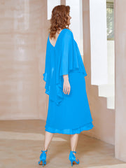 Robe Fourreau en Mousseline à Col en V Longueur de Mollet Bleu Océan