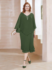 Robe Fourreau en Mousseline à Col en V Longueur de Mollet Olive Verte