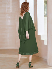 Robe Fourreau en Mousseline à Col en V Longueur de Mollet Olive Verte
