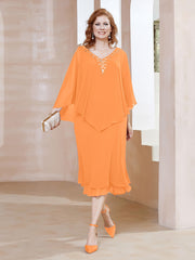 Robe Fourreau en Mousseline à Col en V Longueur de Mollet Orange