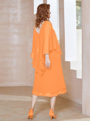Robe Fourreau en Mousseline à Col en V Longueur de Mollet Orange