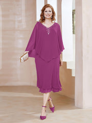 Robe Fourreau en Mousseline à Col en V Longueur de Mollet Orchidee