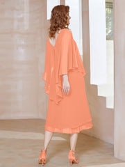Robe Fourreau en Mousseline à Col en v Longueur de Mollet Papaye Grande Taille