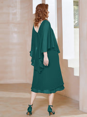 Robe Fourreau en Mousseline à Col en v Longueur de Mollet Paon Grande Taille
