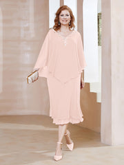 Robe Fourreau en Mousseline à Col en V Longueur de Mollet Rose Perle