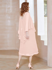 Robe Fourreau en Mousseline à Col en V Longueur de Mollet Rose Perle