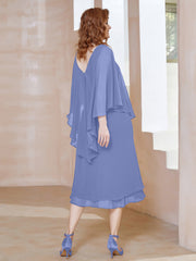 Robe Fourreau en Mousseline à Col en V Longueur de Mollet Pervenche