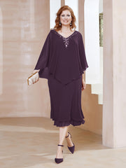 Robe Fourreau en Mousseline à Col en V Longueur de Mollet Plum