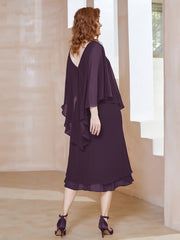 Robe Fourreau en Mousseline à Col en V Longueur de Mollet Plum