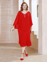 Robe Fourreau en Mousseline à Col en v Longueur de Mollet Rouge Grande Taille
