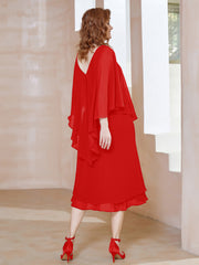 Robe Fourreau en Mousseline à Col en v Longueur de Mollet Rouge Grande Taille