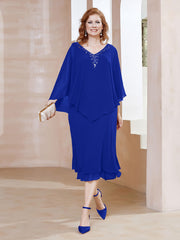 Robe Fourreau en Mousseline à Col en V Longueur de Mollet Bleu Royale