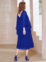 Robe Fourreau en Mousseline à Col en V Longueur de Mollet Bleu Royale