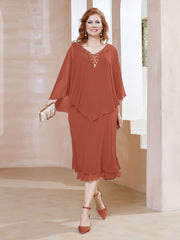 Robe Fourreau en Mousseline à Col en v Longueur de Mollet Rouille Grande Taille