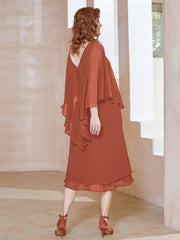 Robe Fourreau en Mousseline à Col en v Longueur de Mollet Rouille Grande Taille