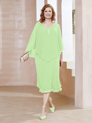 Robe Fourreau en Mousseline à Col en v Longueur de Mollet Sauge Grande Taille