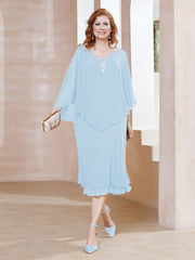 Robe Fourreau en Mousseline à Col en V Longueur de Mollet Bleu Ciel