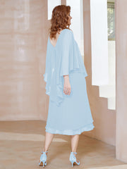 Robe Fourreau en Mousseline à Col en V Longueur de Mollet Bleu Ciel