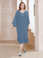 Robe Fourreau en Mousseline à Col en v Longueur de Mollet Bleu de Schiste Grande Taille