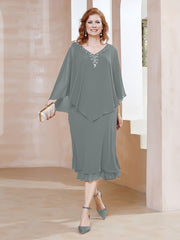 Robe Fourreau en Mousseline à Col en v Longueur de Mollet Gris Acier Grande Taille