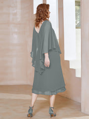 Robe Fourreau en Mousseline à Col en V Longueur de Mollet Gris Acier