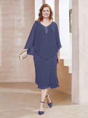 Robe Fourreau en Mousseline à Col en v Longueur de Mollet Orageux Grande Taille