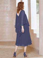 Robe Fourreau en Mousseline à Col en v Longueur de Mollet Orageux Grande Taille