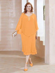 Robe Fourreau en Mousseline à Col en v Longueur de Mollet Mandarine Grande Taille