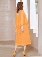 Robe Fourreau en Mousseline à Col en V Longueur de Mollet Mandarine