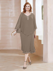 Robe Fourreau en Mousseline à Col en v Longueur de Mollet Taupe Grande Taille