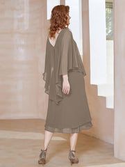 Robe Fourreau en Mousseline à Col en V Longueur de Mollet Taupe