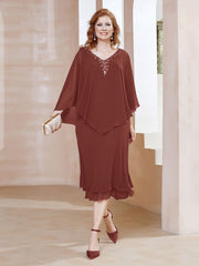 Robe Fourreau en Mousseline à Col en v Longueur de Mollet Terracotta Grande Taille