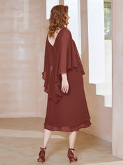 Robe Fourreau en Mousseline à Col en v Longueur de Mollet Terracotta Grande Taille