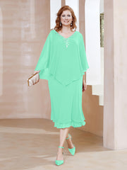Robe Fourreau en Mousseline à Col en V Longueur de Mollet Turquoise