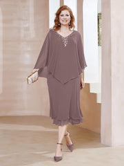 Robe Fourreau en Mousseline à Col en v Longueur de Mollet Vintage Mauve Grande Taille