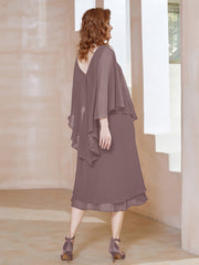 Robe Fourreau en Mousseline à Col en v Longueur de Mollet Vintage Mauve Grande Taille