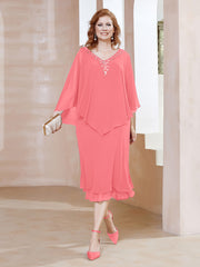 Robe Fourreau en Mousseline à Col en v Longueur de Mollet Pastèque Grande Taille
