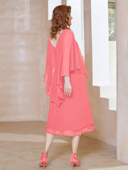 Robe Fourreau en Mousseline à Col en v Longueur de Mollet Pastèque Grande Taille