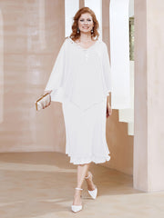 Robe Fourreau en Mousseline à Col en v Longueur de Mollet Blanc Grande Taille
