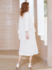 Robe Fourreau en Mousseline à Col en v Longueur de Mollet Blanc Grande Taille