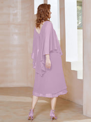 Robe Fourreau en Mousseline à Col en V Longueur de Mollet Glycine